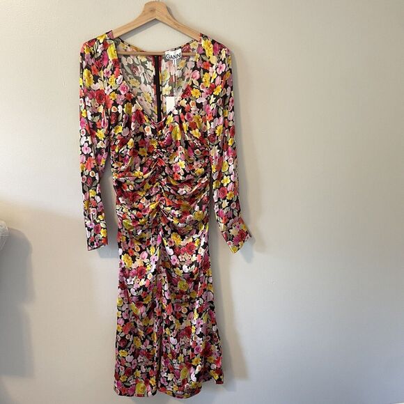 NWT GANNI Ruched Floral-Print Silk-Blend Satin Midi Dress Size 36 - Picture 3 of 12